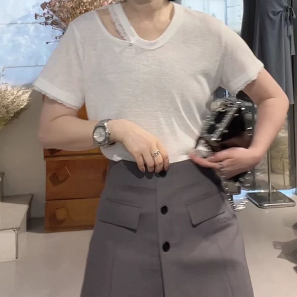 2025新款拼接蕾丝花边镂空显瘦百搭短袖T恤上衣C5312