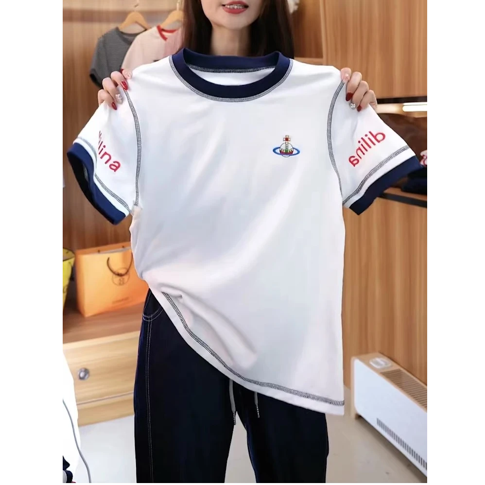 【星球刺绣】夏季新款刺绣字母明线T恤女设计感小众休闲修身短袖