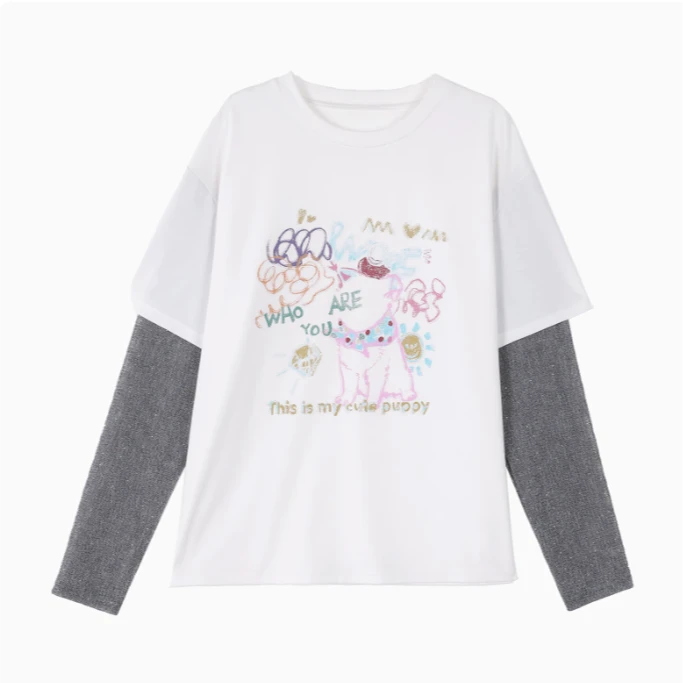 张汽水《多彩图案》白色假两件t恤女设计感长袖短款上衣Z14935