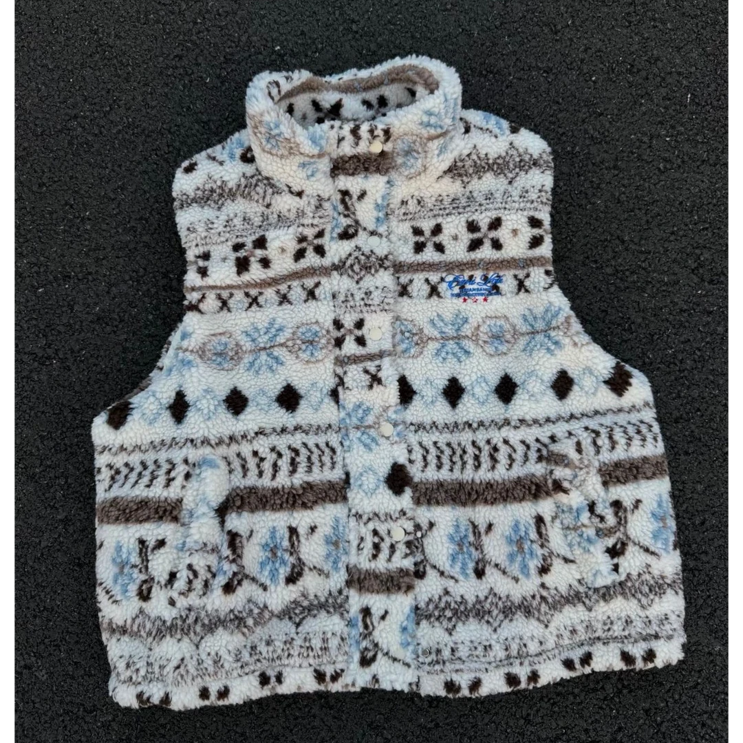 甜美风韩系少女复古费尔岛夹棉羊羔马甲外穿叠穿无袖背心外套上衣