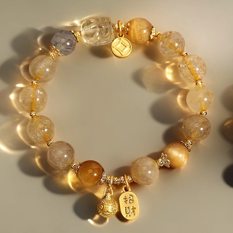 天然金发晶水晶月光石手链吞金兽虎眼石手串财富石 带证书