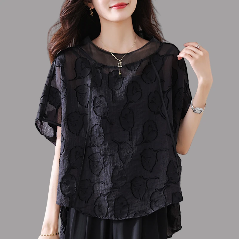 时尚镂空雪纺衫女士2025夏季新款大码宽松遮肚子显瘦提花小衫上衣