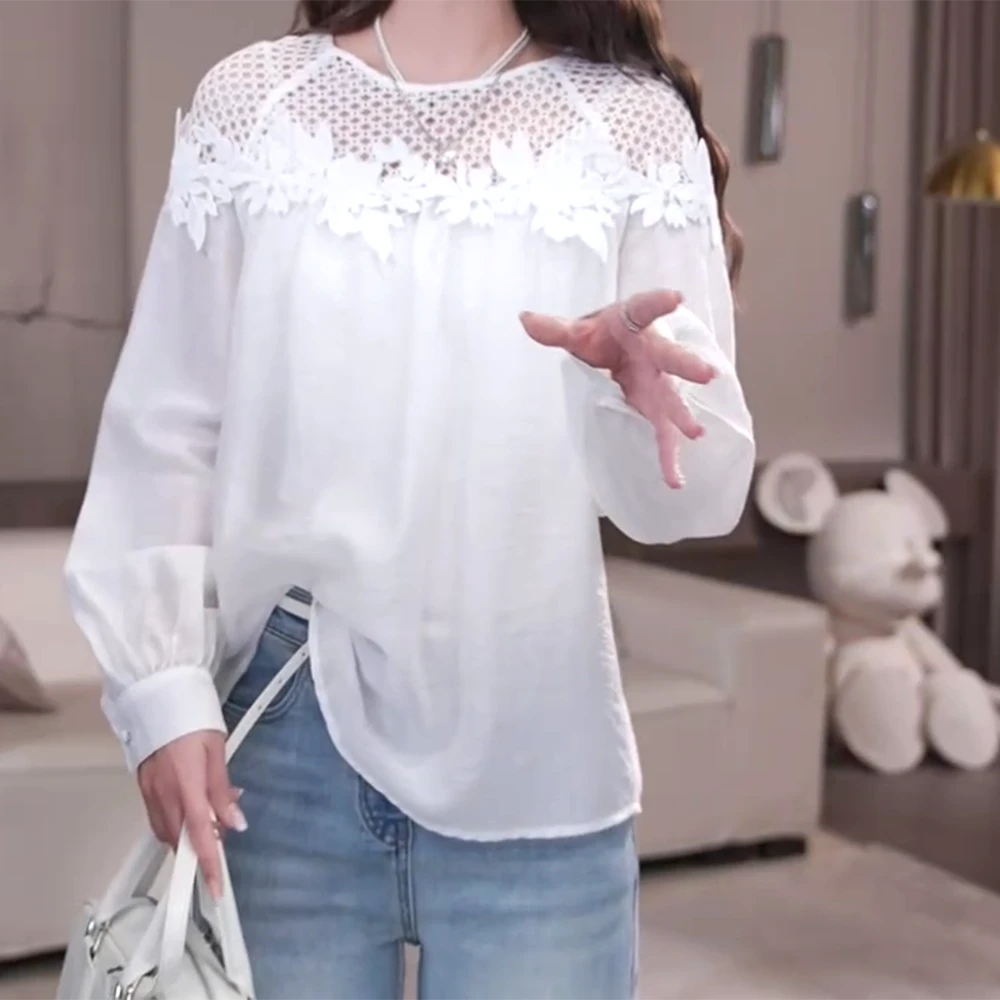早春新款气质百搭时尚纯色韩版显瘦休闲长袖镂空衬衫上衣女