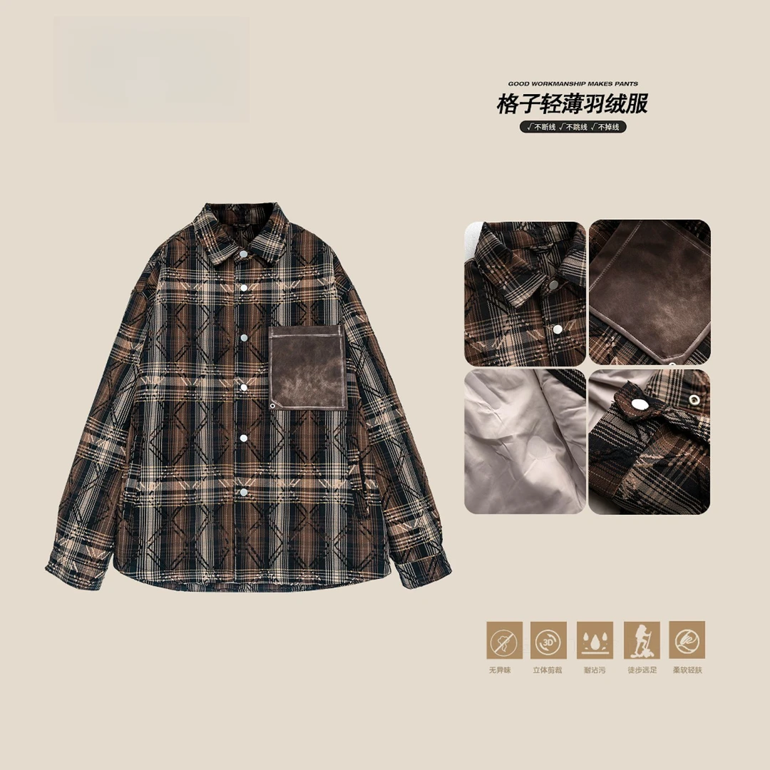 『KDD · YD』冬季新款美式加绒格子衬衫羽绒服服翻领复古外套