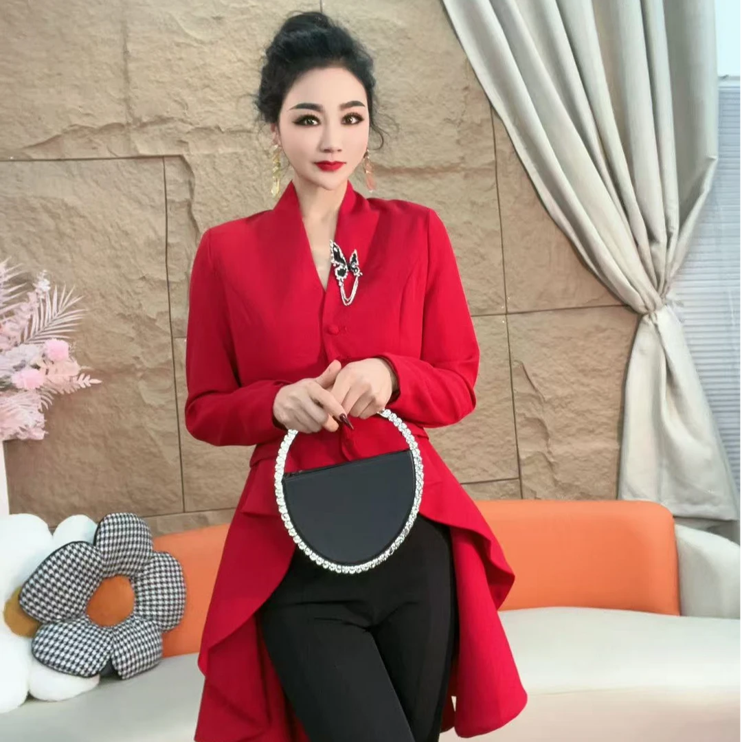 032【凡家衣橱】春秋新款V领收腰燕尾气质高级感休闲不规则西装外套