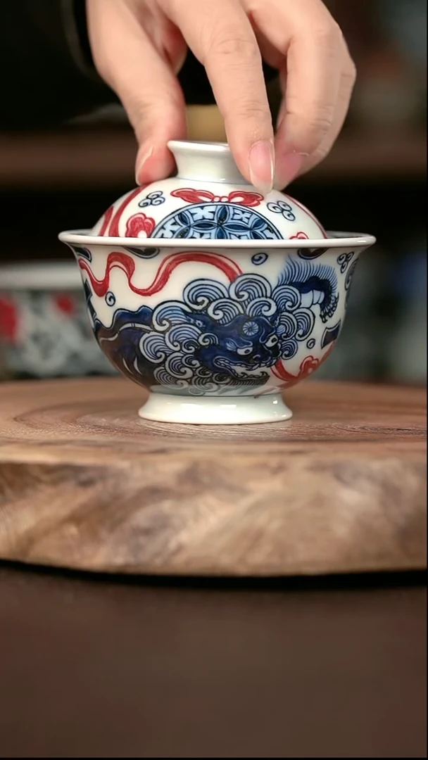 手绘 高温现代瓷 气窑  双狮高足150C