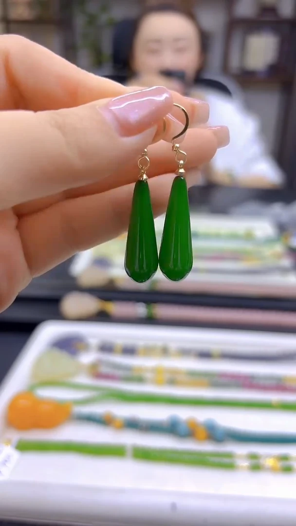 和田玉（碧玉）14K金镶嵌耳饰DIY款E74