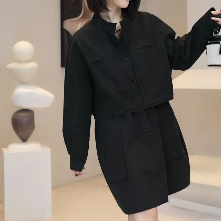 1气质减龄简约纯色工装连衣裙2025春季新款韩版抽绳系带收腰A字裙
