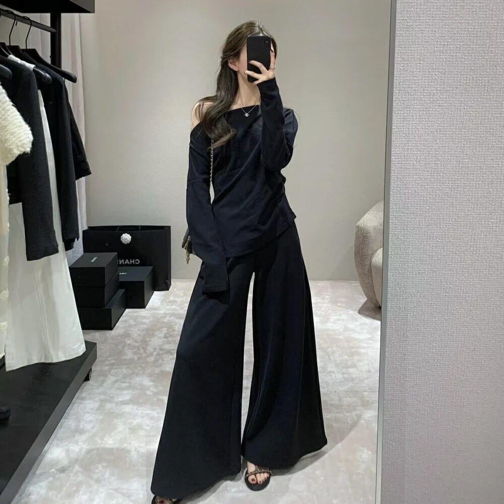 休闲风时尚套装气质显瘦长袖斜肩上衣宽松阔腿长裤2025韩版两件套