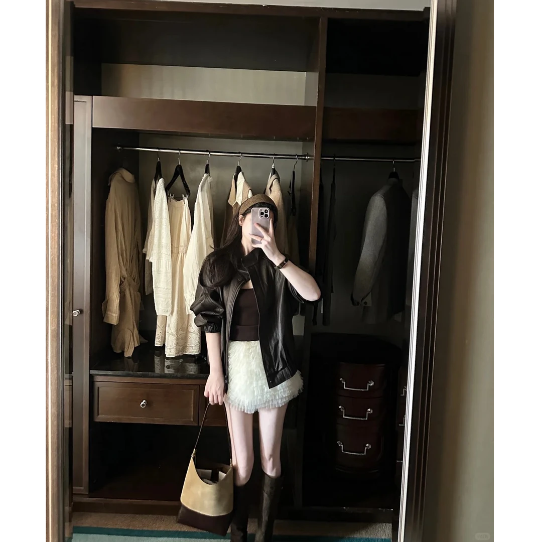 法式时尚复古港风宽松皮衣外套修身上衣女搭配百搭气质半身裙套装