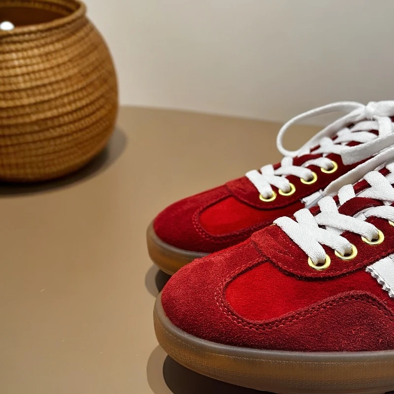 正红色复古拼色平底鞋德训鞋百搭超舒服 时尚软底防滑低帮