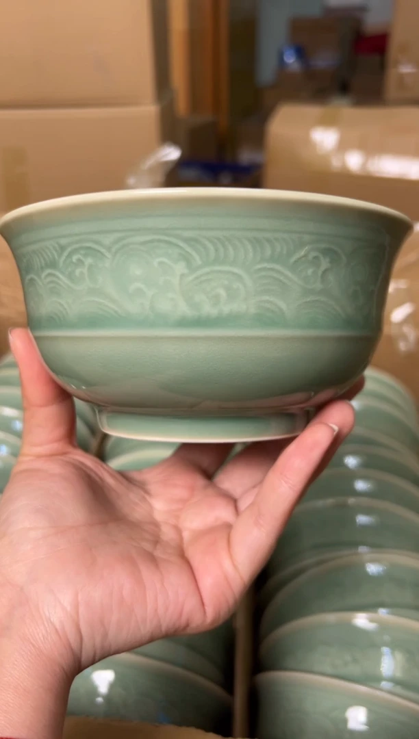 陶瓷耀州窑青釉5.5寸海浪碗一只