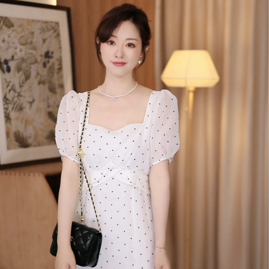 YUN云朵日记【白色赫本裙】波点泡泡袖显瘦鱼尾裙