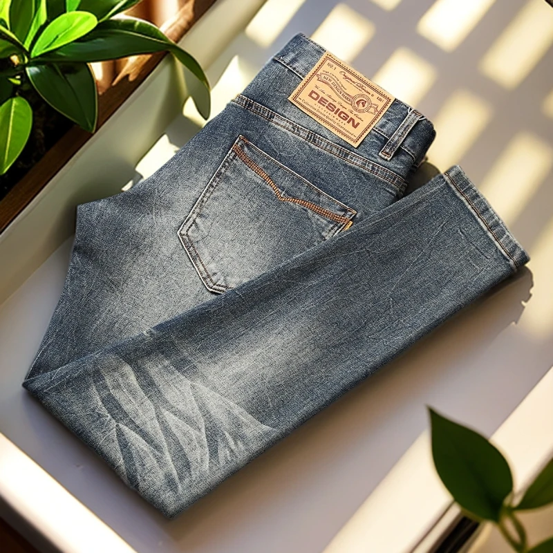 娜罗普西复古蓝牛仔裤男水洗磨白微弹修身小直筒时尚潮牌长裤男装