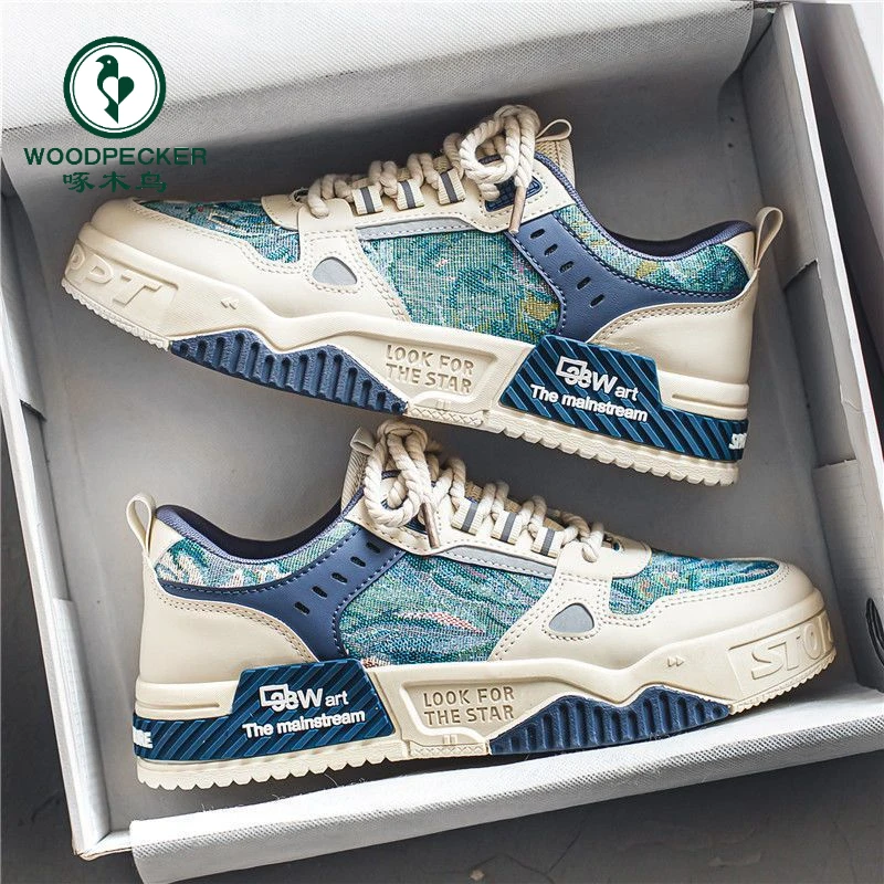 【正品】啄木鸟国潮男鞋春季透气百搭原创休闲板鞋厚底防滑运动潮鞋