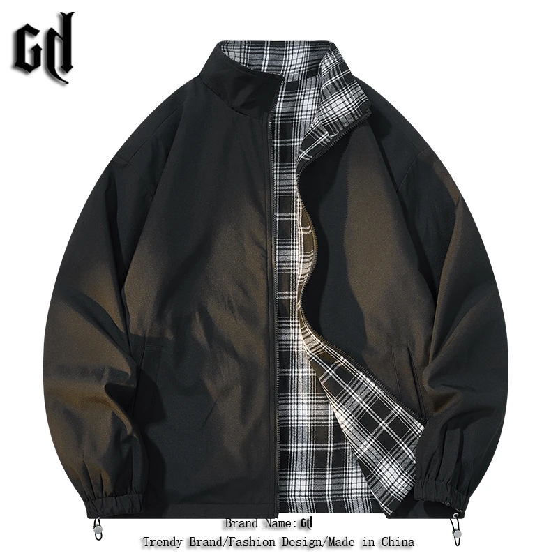 GD外套男春秋季潮牌2025新款双面穿格子宽松立领休闲夹克衫