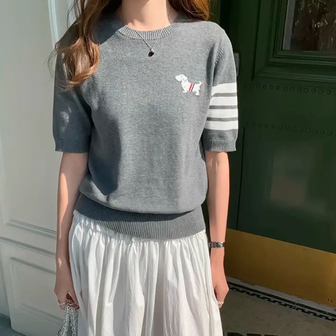 小狗刺绣~撞色小狗提花纯棉女款T恤机洗不变形