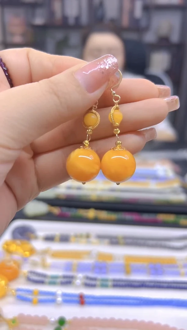 14K金镶嵌蜜蜡耳饰DIY款E496