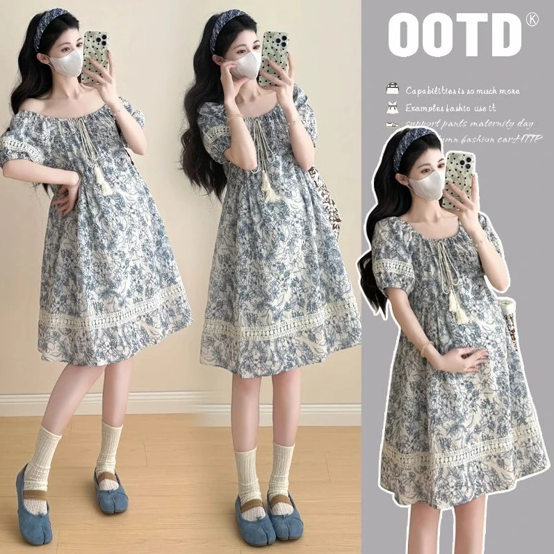 时髦孕妇装新款新款设计感碎花中长款气质显瘦网红洋气薄款连衣裙