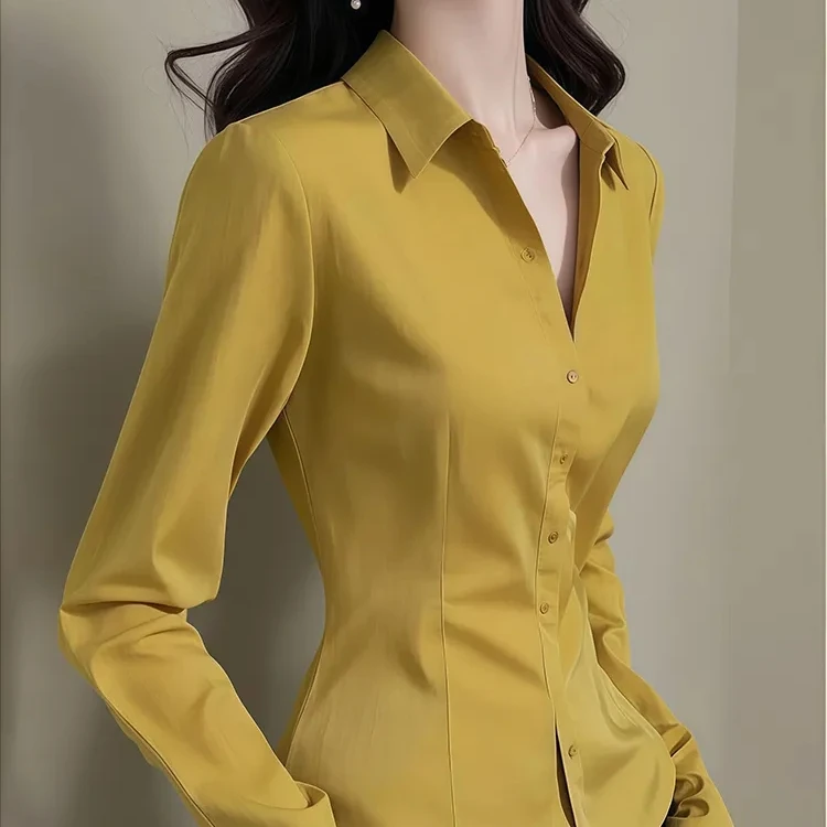 7771#春季新款黄色长袖衬衫女轻奢高级感法式气质掐腰上衣