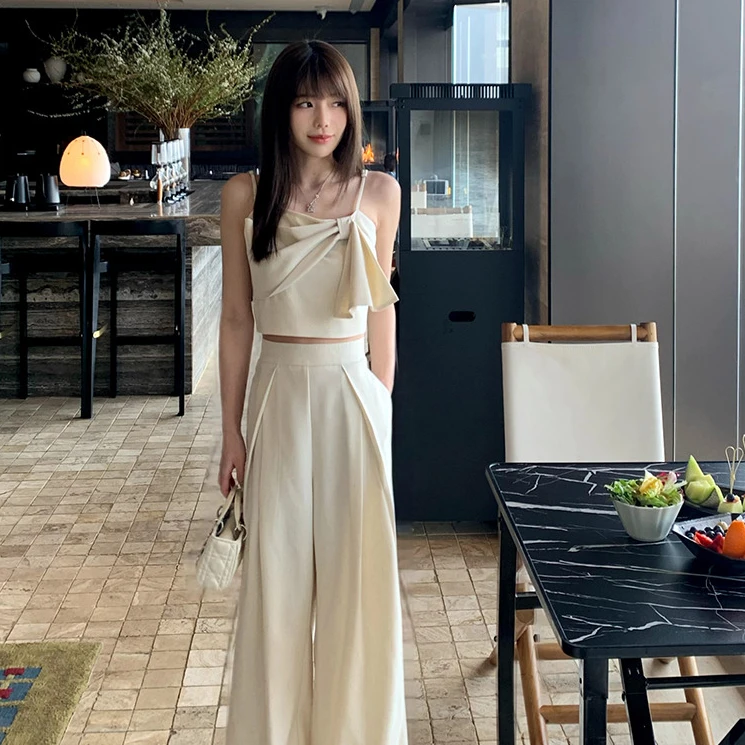 佐佐家小个子 蝴蝶结吊带背心上衣套装女春夏季高腰阔腿裤两件套