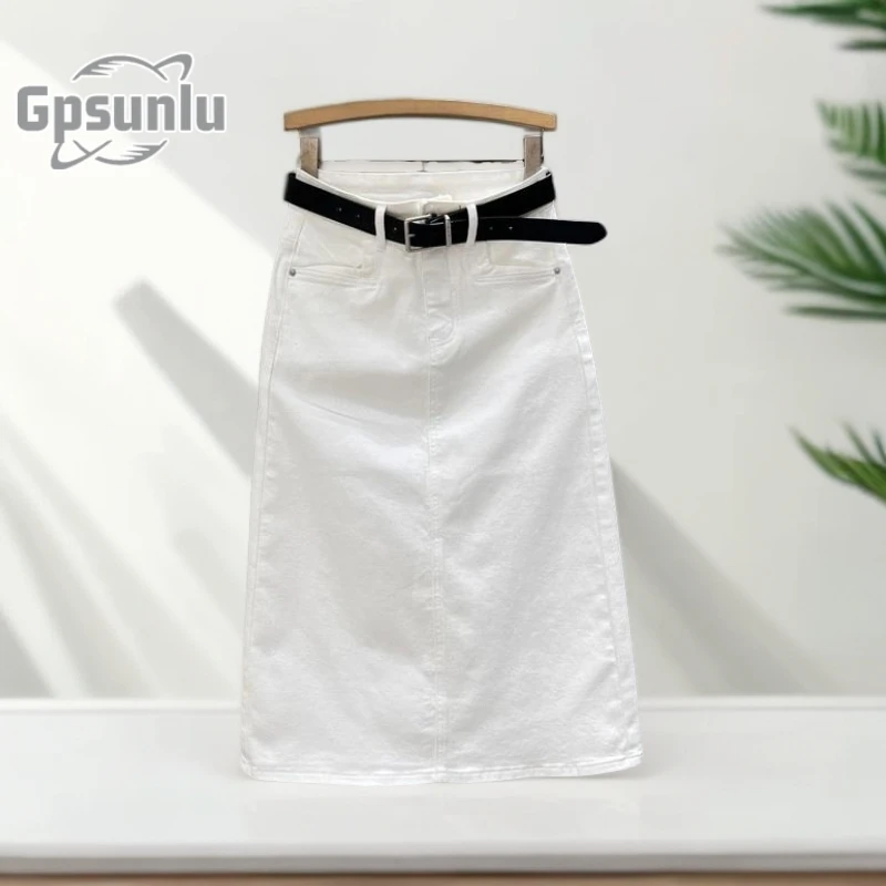 gpsunlu白色休闲春夏季显瘦时尚中长包臀裙新款高腰牛仔半身裙女