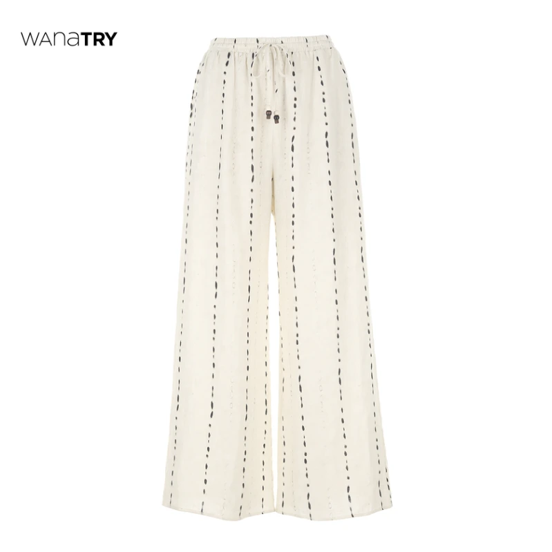 wana try 杏色亚麻串珠印染条纹阔腿裤【达人】