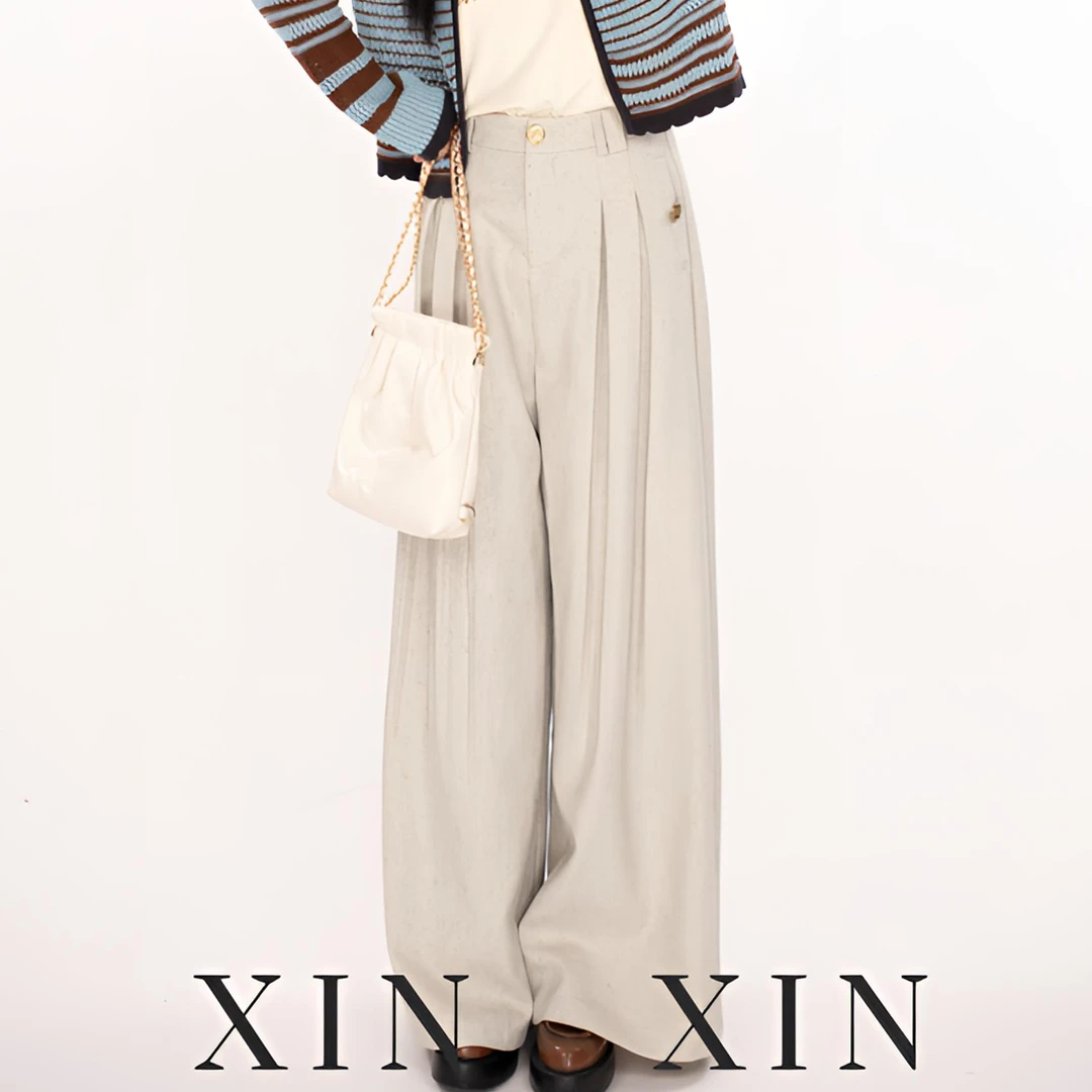 XIN XIN【燕麦裤】低饱和的高级 天然纹理高腰阔腿后中平腰长裤