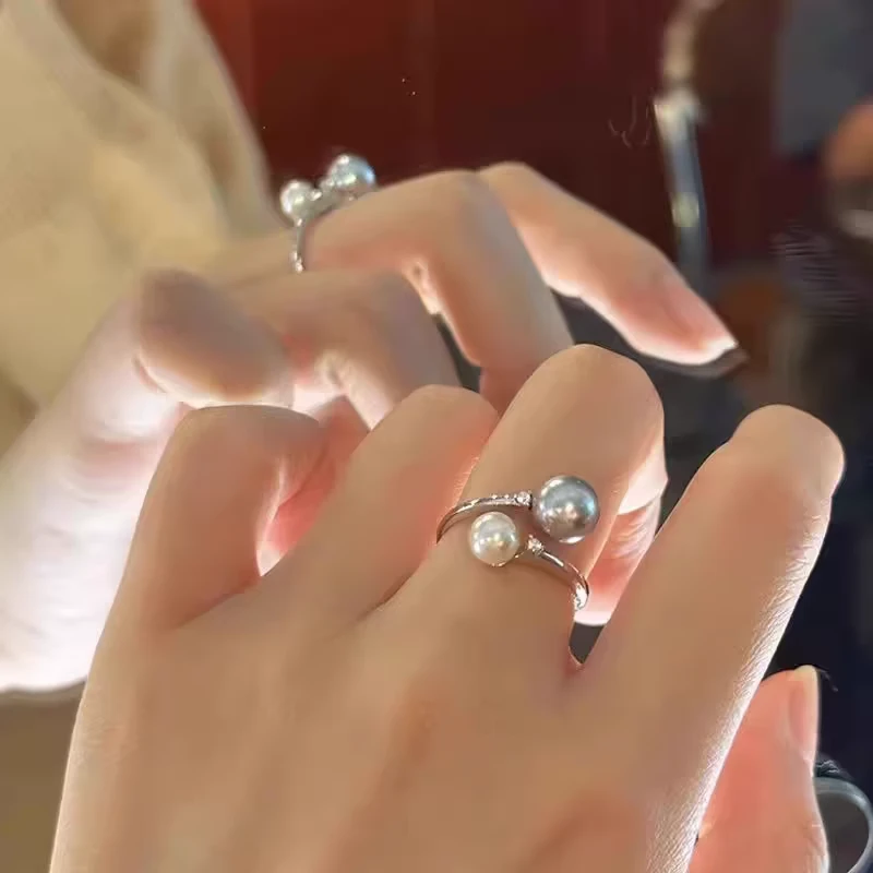 铜合金戒指 法式仿珍珠戒指女小众轻奢高级感可调节指环食指戒潮