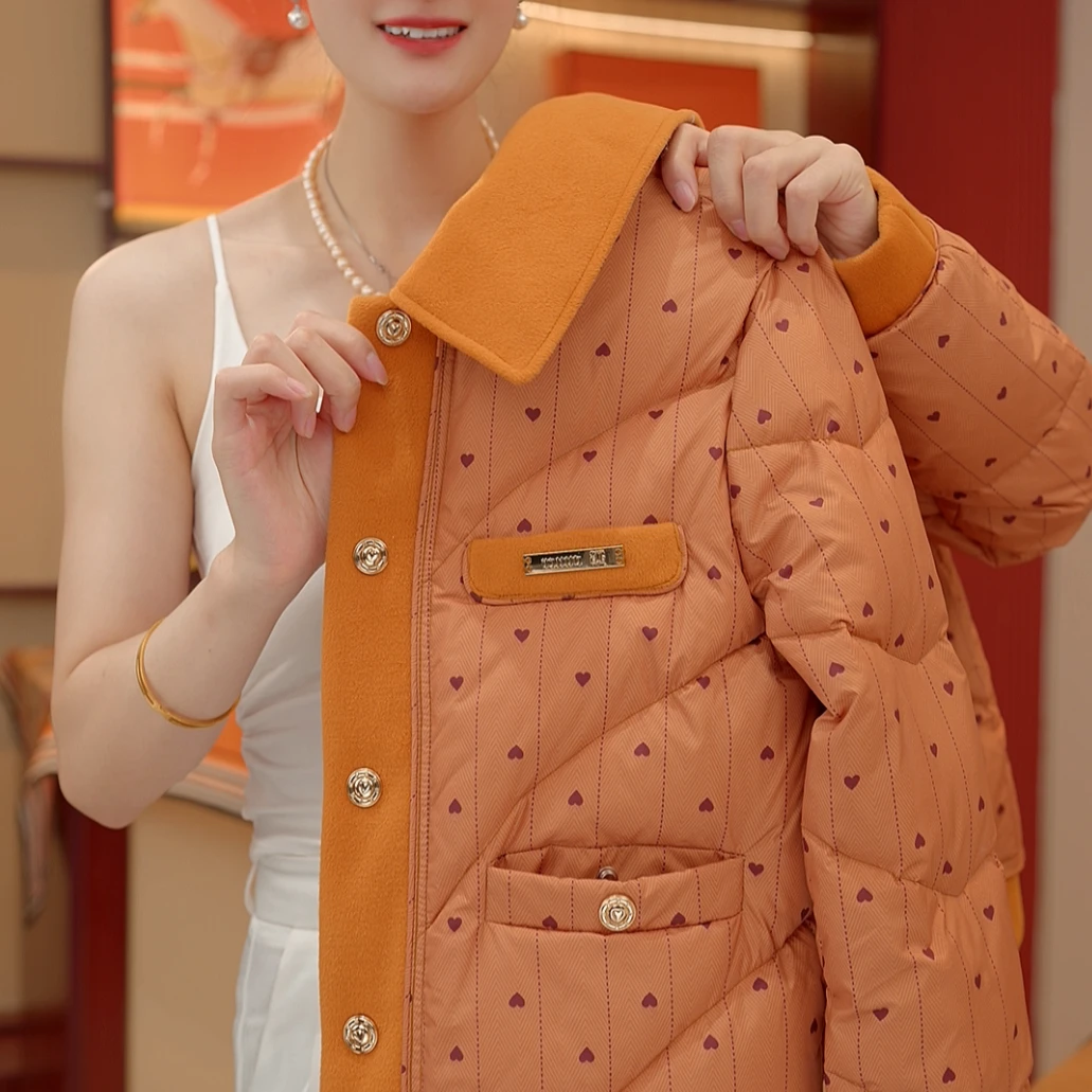 ZZ-高端爱马橘爱心系列显瘦翻领雪雁白鸭羽绒服