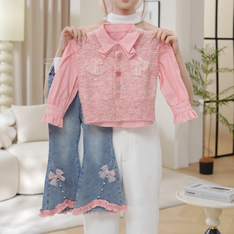 2025女童秋季新款毛衣高级感粉色马甲衬衫上衣牛仔裤套装QA30650