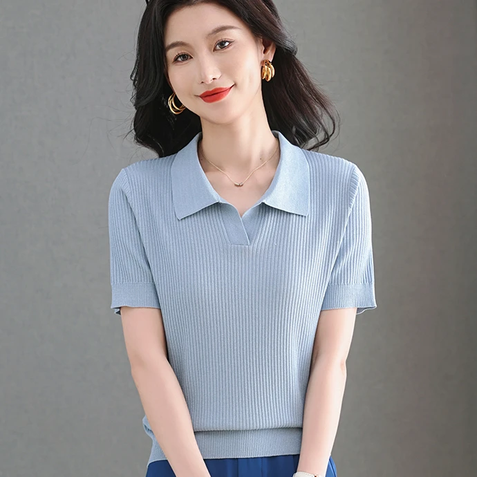 夏季秋季新款翻领薄款短袖桑蚕丝女时尚polo领宽松上衣修身百搭