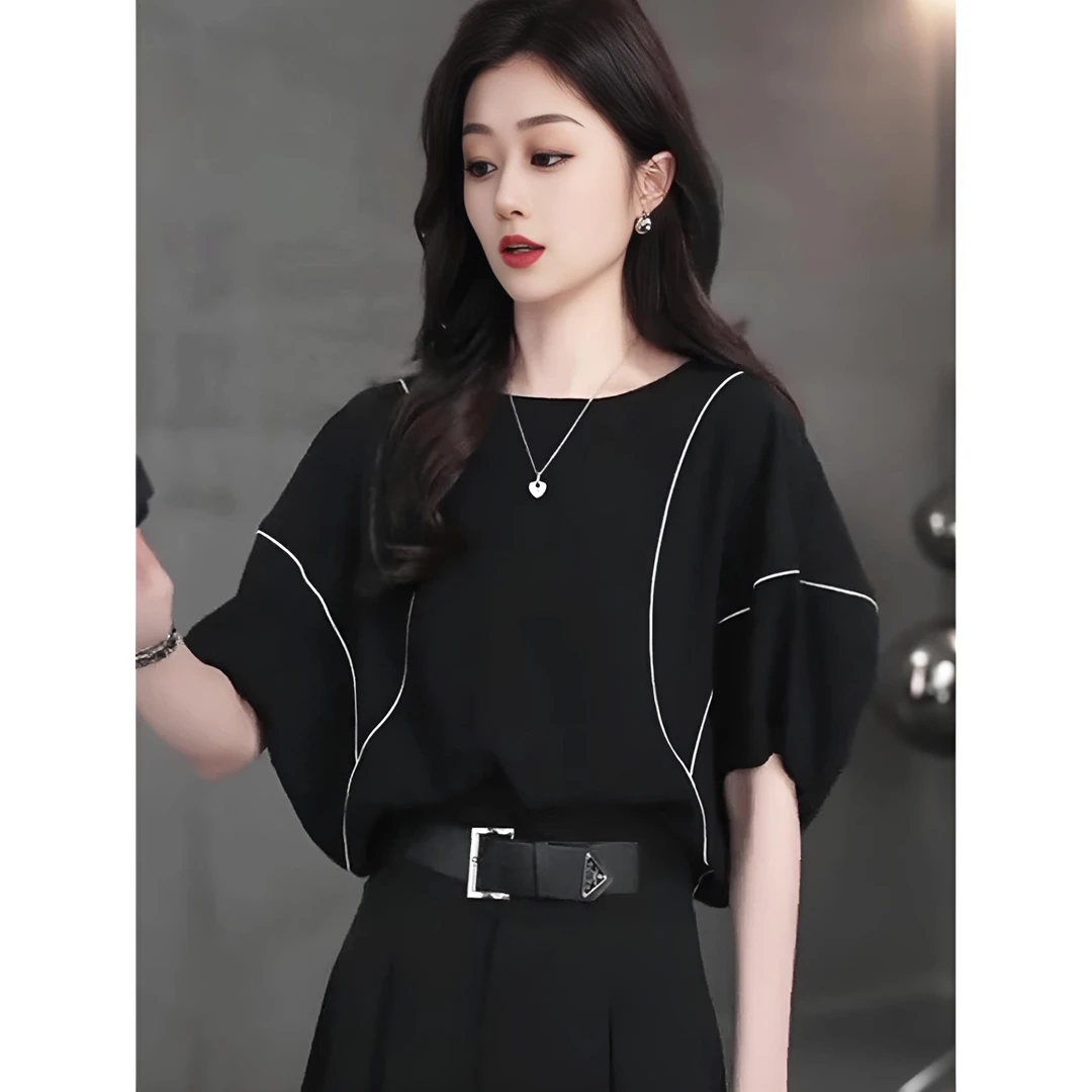 高级感黑色圆领泡泡袖T恤女2025夏季新款设计感气质显瘦百搭上衣
