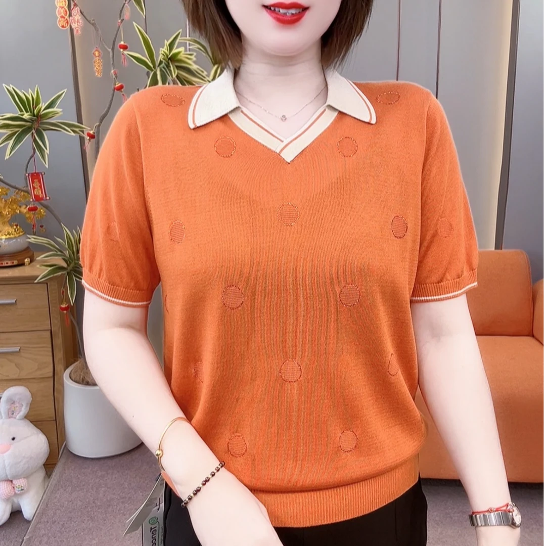 （宠粉款） 高档洋气拼色翻领镶钻天丝半袖53371