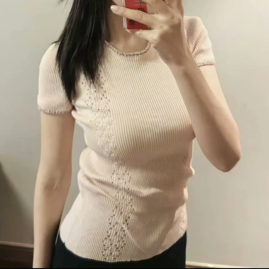 99新 Chanel/香奈儿 36码 橘粉色 镂空 针织 短袖 上衣