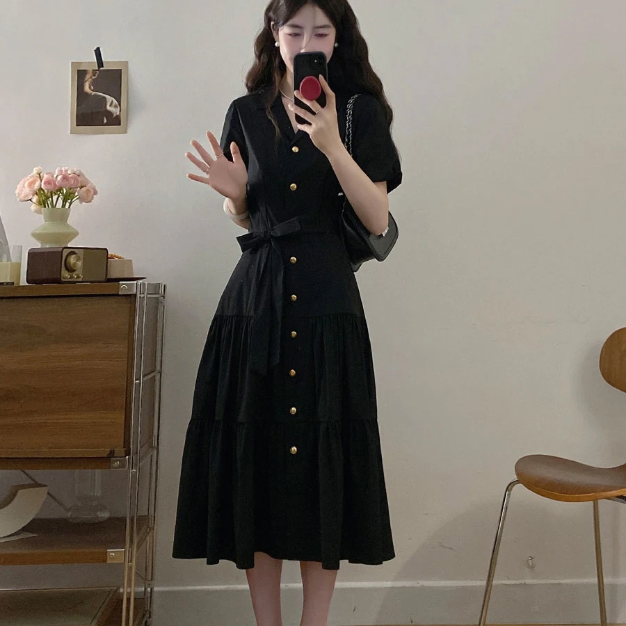 大码女装黑色V领衬衫连衣裙胖MM高级感气质短袖收腰显瘦裙