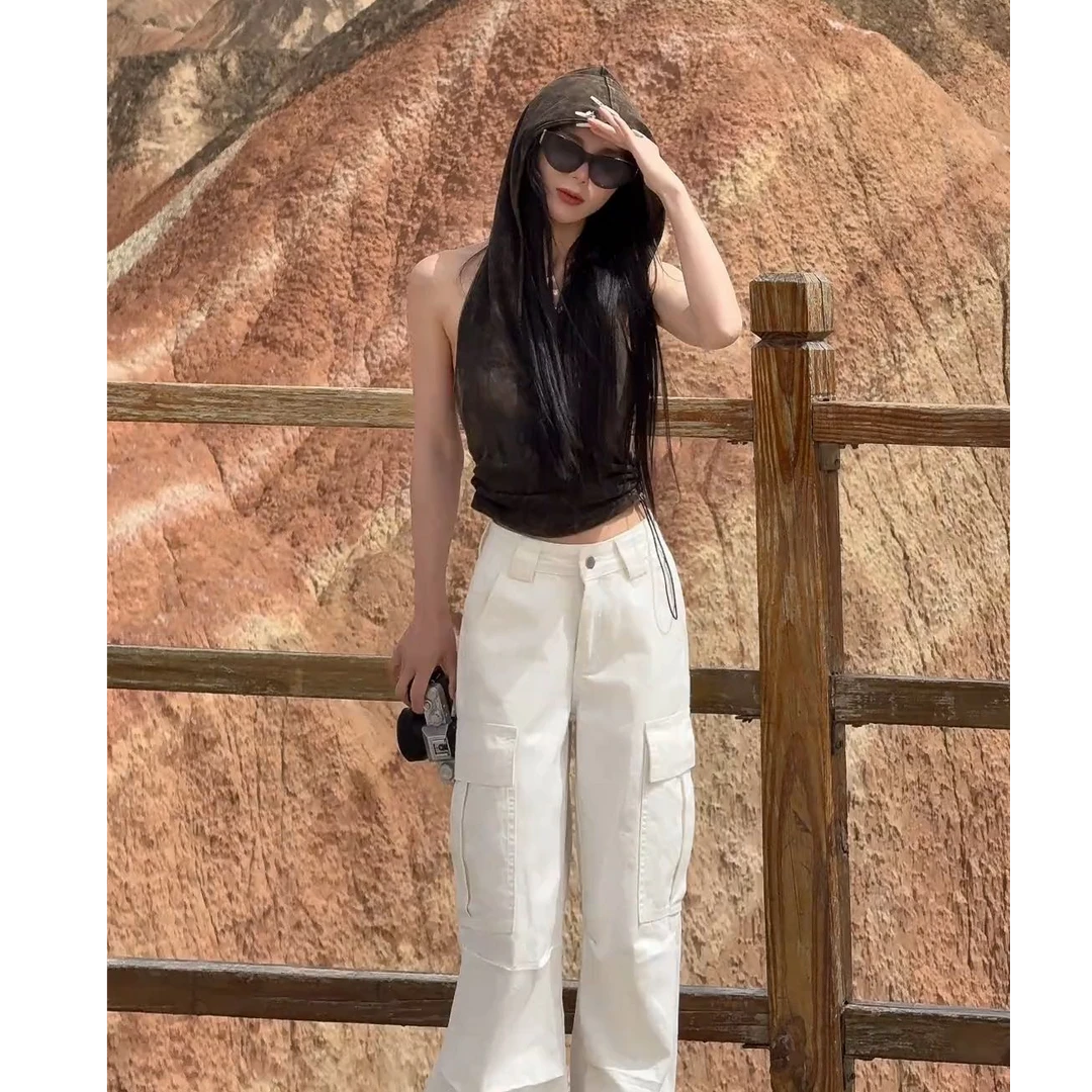 夏季新款网红洋气炸街女装时尚气质挂脖连帽露背上衣显瘦阔腿裤女