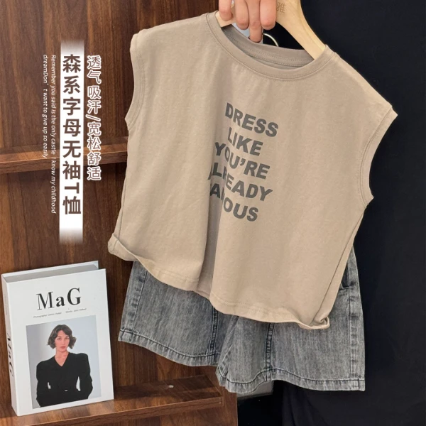 《夏上新》敲凉快韩版男女童字母圆领落肩袖T恤25XL1207儿童透气