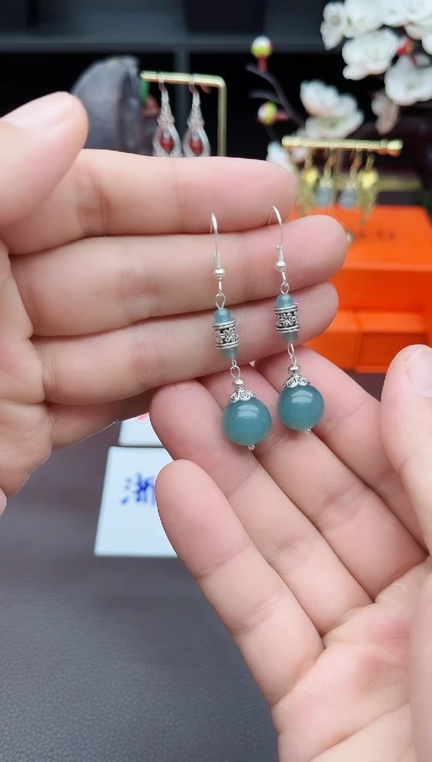 石英质玉（天山翠）银S925镶嵌耳饰420000