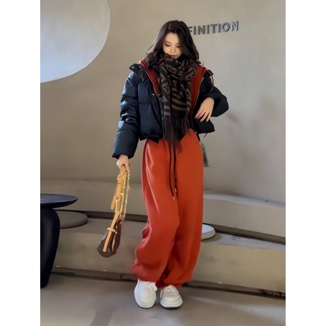 2025韩版宽松短款连帽棉服女冬季新款休闲面包服时尚百搭裤子套装