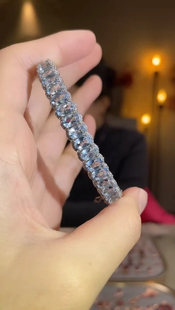 银S925镶嵌海蓝宝石手镯手镯