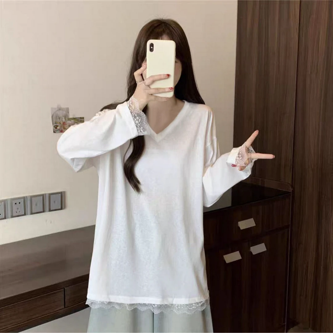 YD-[V领打底衫]25早春薄款清透百搭蕾丝简约打底衫女