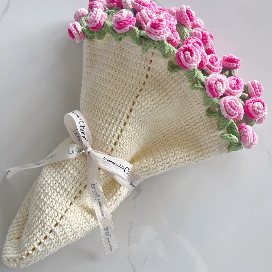 三色玫瑰花束毯子手工编织diy材料包毛线团钩织花朵毛毯花勾针