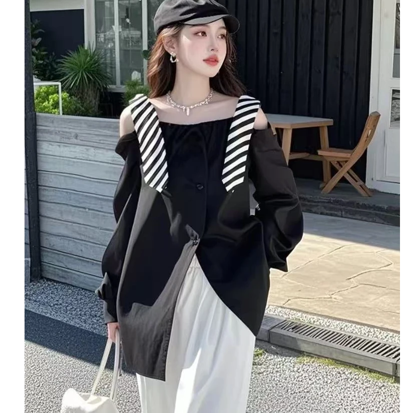 2025春季新款小衫超好看独特漂亮设计感黑色条纹拼接一字肩衬衫女