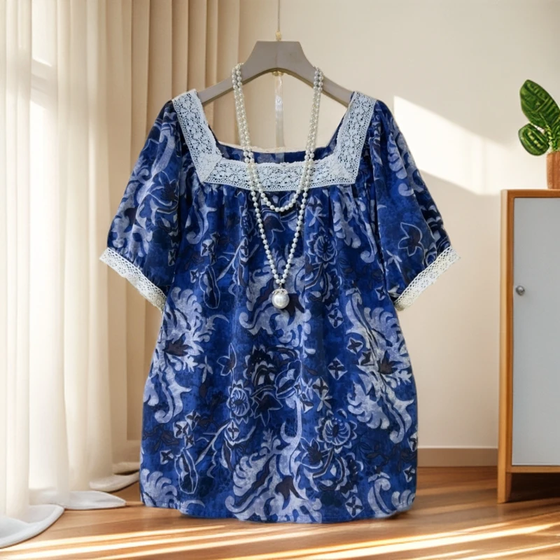 2025夏季大码女装高级感蕾丝拼接短袖衬衫胖mm洋气减龄好看上衣