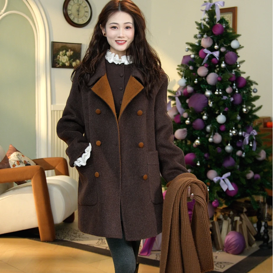 张肖肖2025新款千金风双面双色中长款百搭显瘦羊毛大衣1556