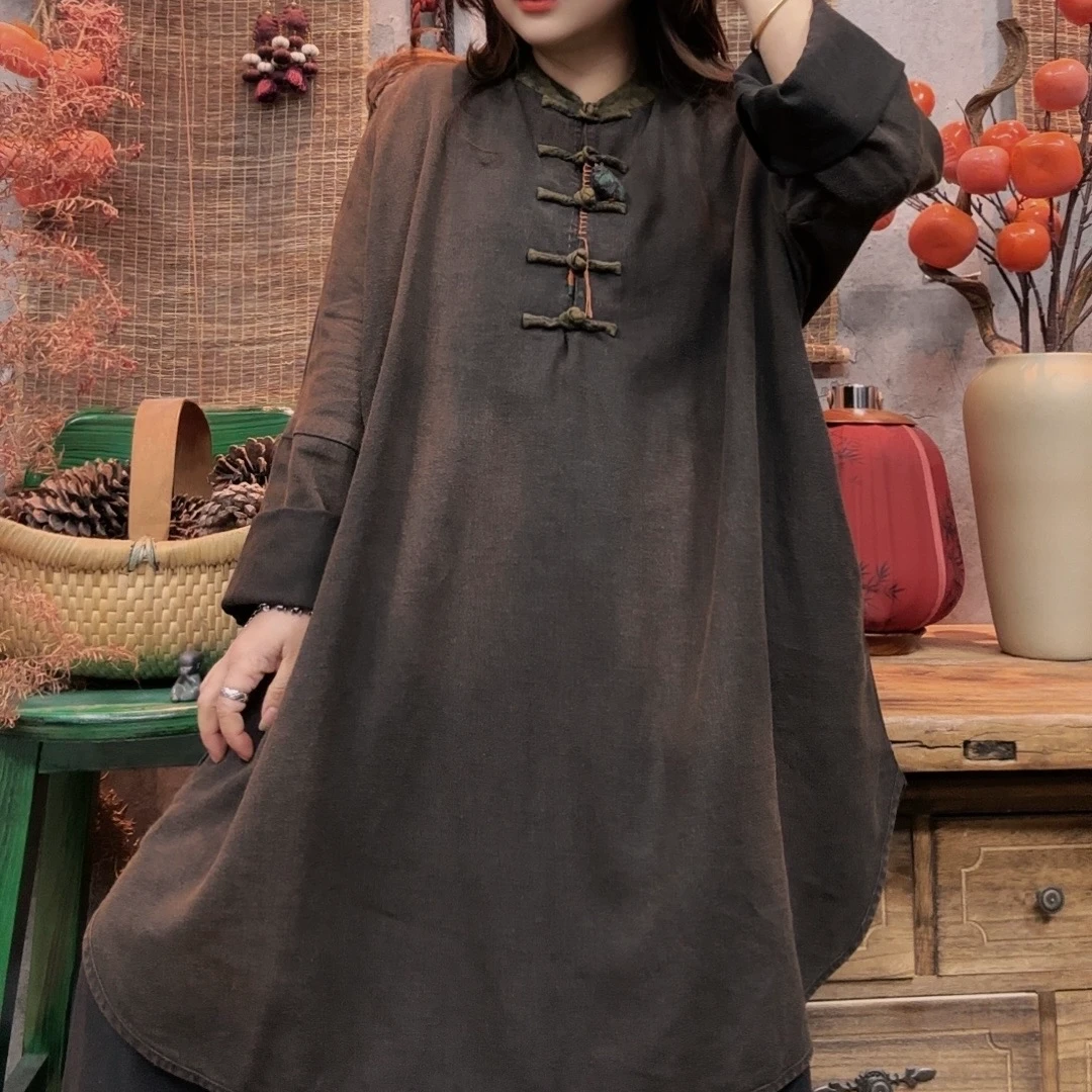 美子原创新中式盘扣中长款袍子复古宽松上衣（衣长85胸围145）
