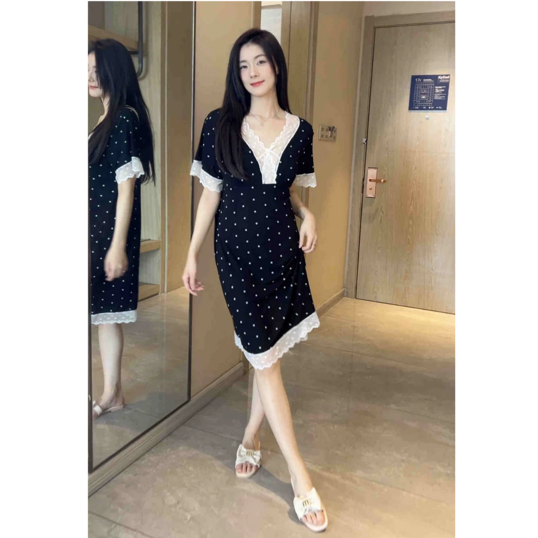 【有胸垫】莫代尔棉短袖胸垫蕾丝波点家居睡裙