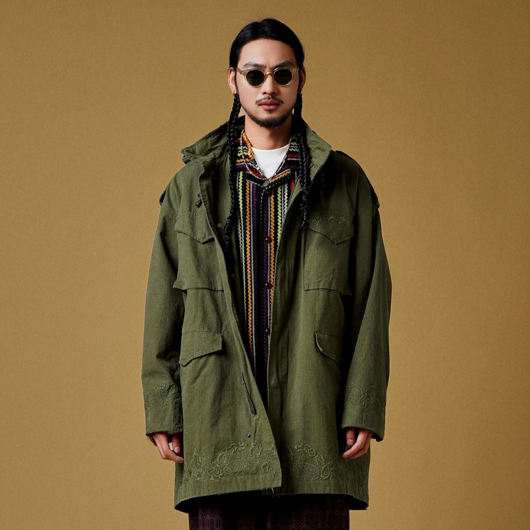 军事风刺绣工艺混合连帽中长款休闲风衣外套 2515