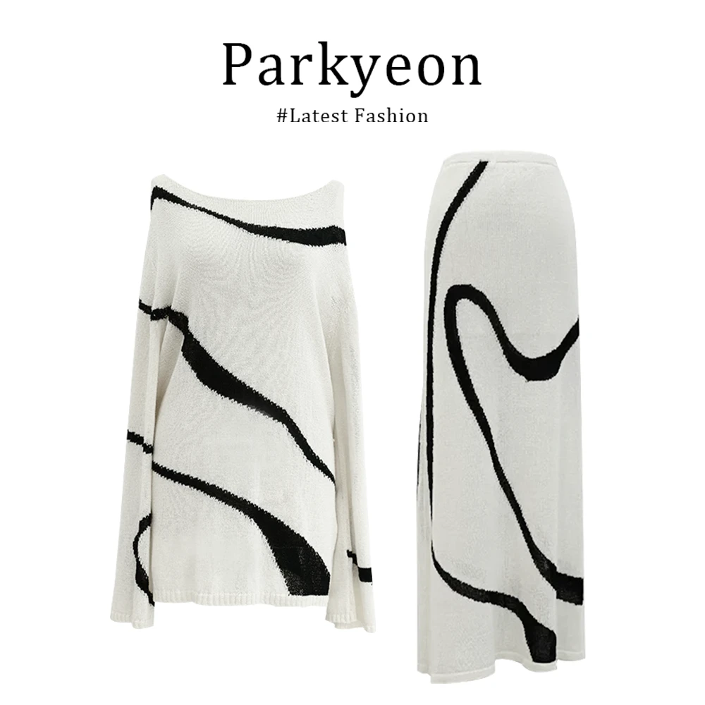 parkyeon韩版宽松套装女早秋显瘦遮肉巨好看的露肩上衣半裙两件套